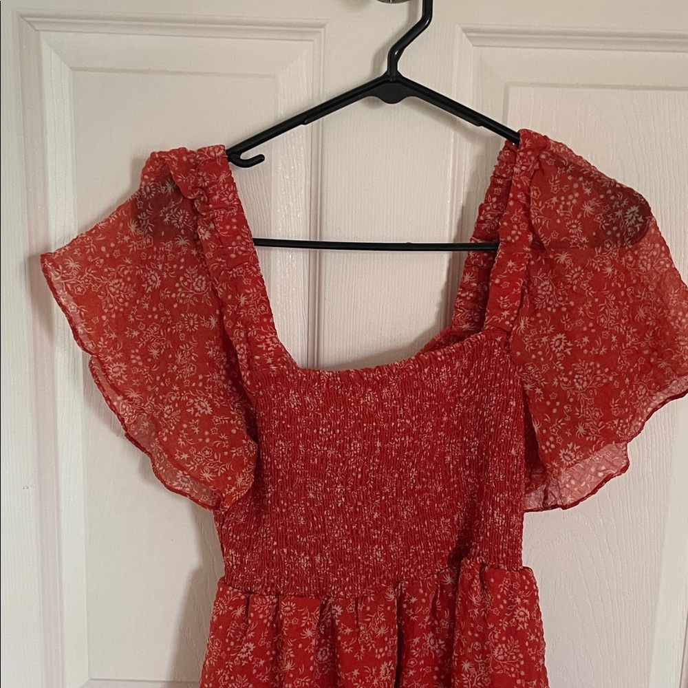 Madewell Coral Red Floral Smocked Mini Dress - Picture 3 of 8